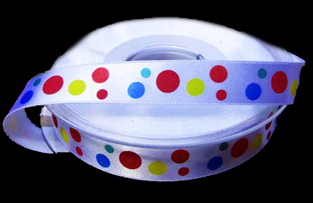 Wstążka 15mm atłas DOTS MULTI biała