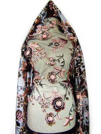 Koronka 140cm tiulowa haft czarno-różowa