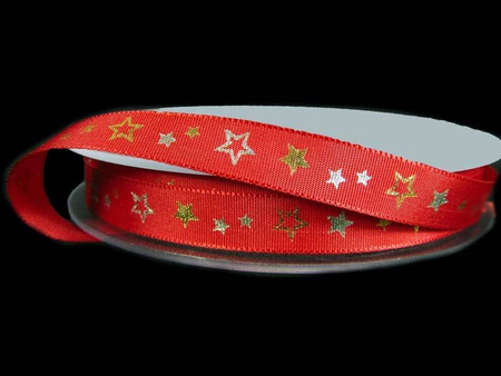 Wstążka 10mm tafta GWIAZDKA czerwona