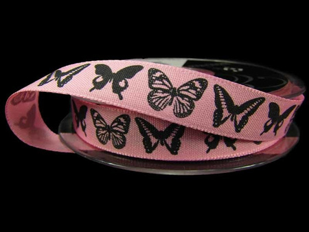Wstążka 15mm tafta DANCING BUTTERFLY SHELL róż