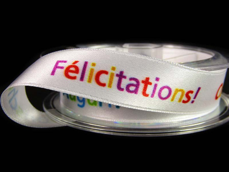 Wstążka 16mm atłas GRATULACJE biała