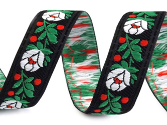 Taśma 18mm żakard biały KWIAT czarna