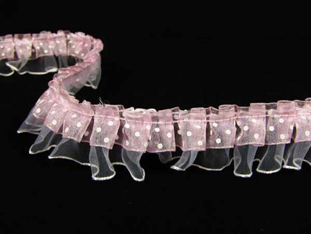 Taśma 2,5cm falbanka organtyna kropka jasny róż