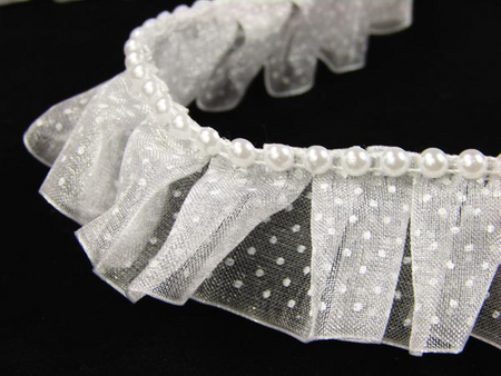 Taśma 2cm falbana organtyna & perła biała