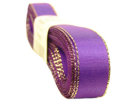 Wstążka 15mm tafta fioletowo-złota