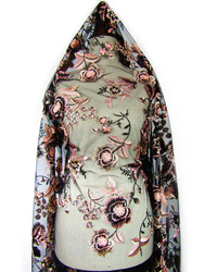 Koronka 140cm tiulowa haft czarno-różowa