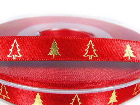 Wstążka 10mm atłas LITTLE FIR TREE czerwona