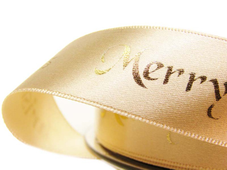 Wstążka 25mm atłas MERRY CHRISTMAS ecru