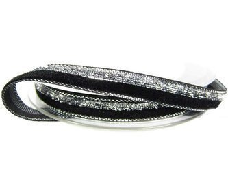 Aksamitka 10mm błyszcząca 1/2 srebrno-czarna