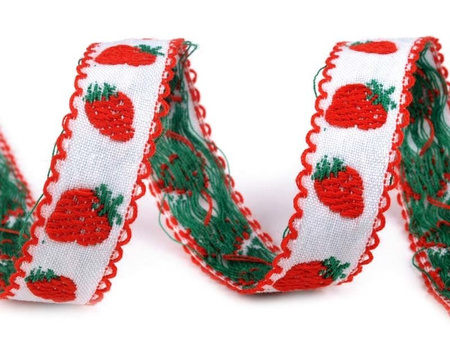 Taśma 16mm żakard TRUSKAWKA biała