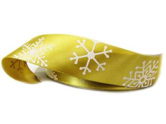 Wstążka 20mm atłas PŁATKI ŚNIEGU złota