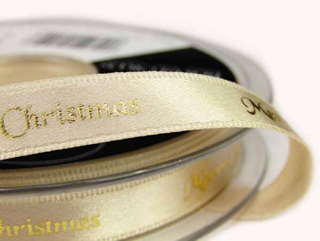 Wstążka 10mm atłas MERRY CHRISTMAS ecru