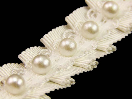 Taśma 18mm ryps plisowany z perłą ivory