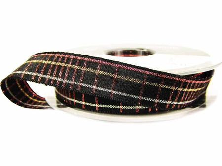 Wstążka 15mm kratka WINTER PLAID czarna
