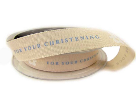 Wstążka 15mm tafta FOR YOUR CHRISTENING błękitna