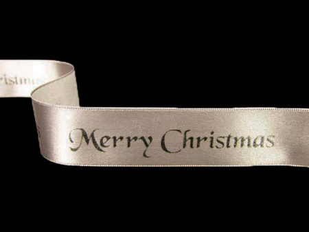 Wstążka 25mm atłas MERRY CHRISTMAS popiel