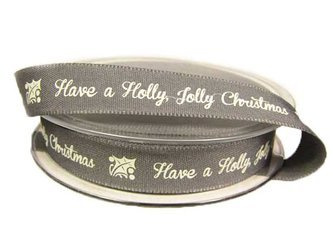 Wstążka 15mm tafta HOLLY JOLLY CHRISTMAS popiel