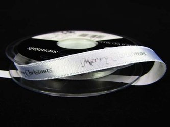 Wstążka 10mm atłas MERRY CHRISTMAS biała