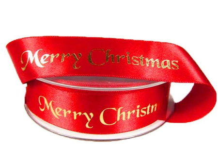 Wstążka 25mm atłas MERRY CHRISTMAS czerwona