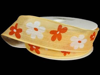 Wstążka 25mm organtyna KWIATY jasnopomarańczowa