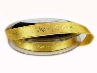 Wstążka 10mm atłas MERRY CHIRSTMAS złota