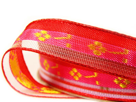 Wstążka 15mm organtyna KWIATUSZKI czerwona