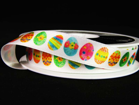 Wstążka 15mm atłas Easter Eggs biała