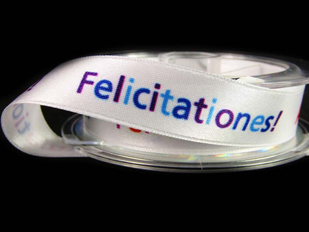 Wstążka 16mm atłas GRATULACJE biała