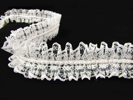 Taśma 4cm plisa koronka & perła biała