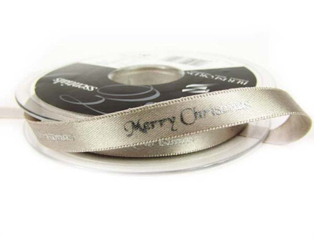 Wstążka 10mm atłas MERRY CHRISTMAS popiel