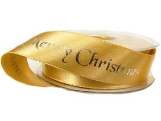 Wstążka 25mm atłas MERRY CHRISTMAS złota