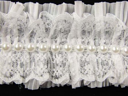 Taśma 5cm plisowana z koronką & perłą biała