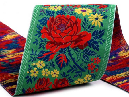 Taśma 100mm żakard RÓŻA zielona