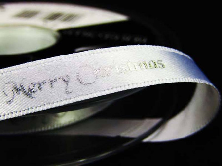 Wstążka 10mm atłas MERRY CHRISTMAS biała