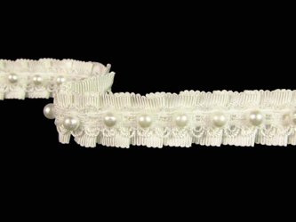 Taśma 18mm ryps plisowany z perłą ivory