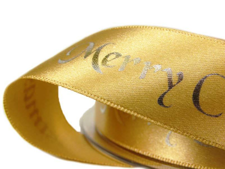 Wstążka 25mm atłas MERRY CHRISTMAS złota