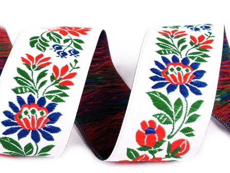 Taśma 35mm żakard KWIAT czerwony biała