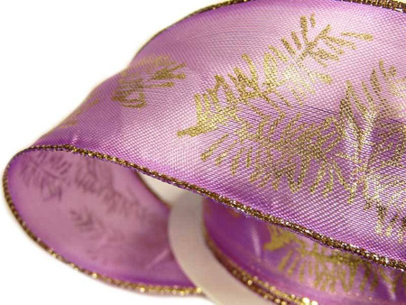 Wstążka 40mm organtyna LIŚĆ fiolet