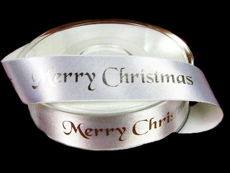 Wstążka 25mm atłas MERRY CHRISTMAS biała