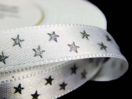 Wstążka 10mm atłas GWIAZDKA biała