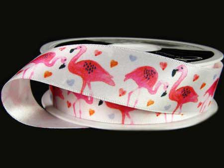 Wstążka 25mm atłas Flamingo Heart biała