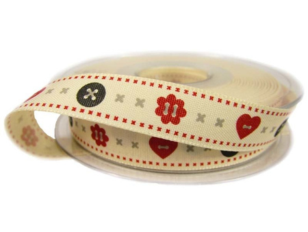 Wstążka 15mm tafta GUZIK & SERCE natural