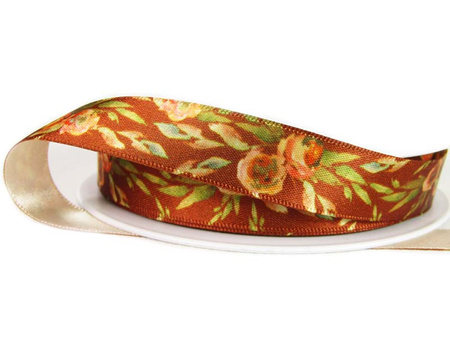 Wstążka 15mm atłas Fall Flowers rdza