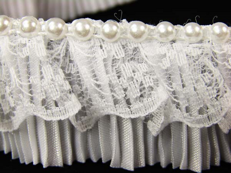 Taśma 3cm falbanka plisowana z koronką & perłą biała