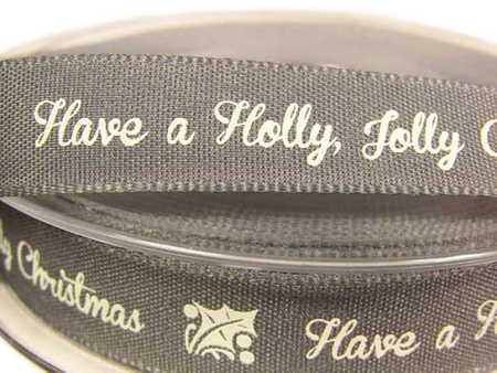 Wstążka 15mm tafta HOLLY JOLLY CHRISTMAS popiel