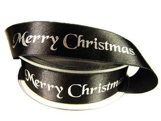 Wstążka 25mm atłas MERRY CHRISTMAS czarna