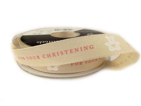 Wstążka 15mm tafta FOR YOUR CHRISTENING róż