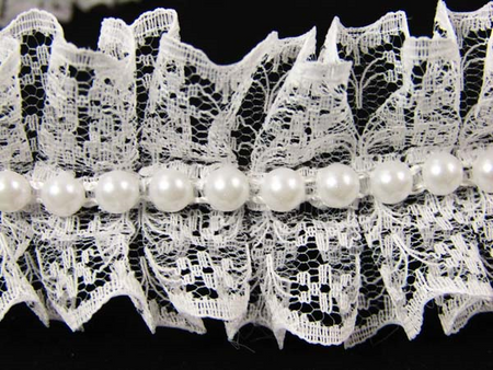 Taśma 4cm plisa koronka & perła biała