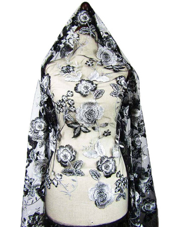 Koronka 140cm tiulowa haft czarno-popielata