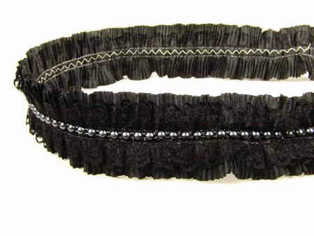 Taśma 5cm PLISA tafta, koronka & perła czarna